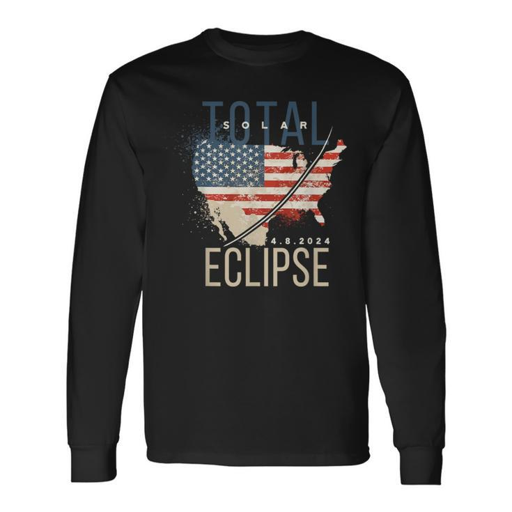 Total Solar Eclipse 2024 Path Of Totality Usa Map Event Long Sleeve T-Shirt