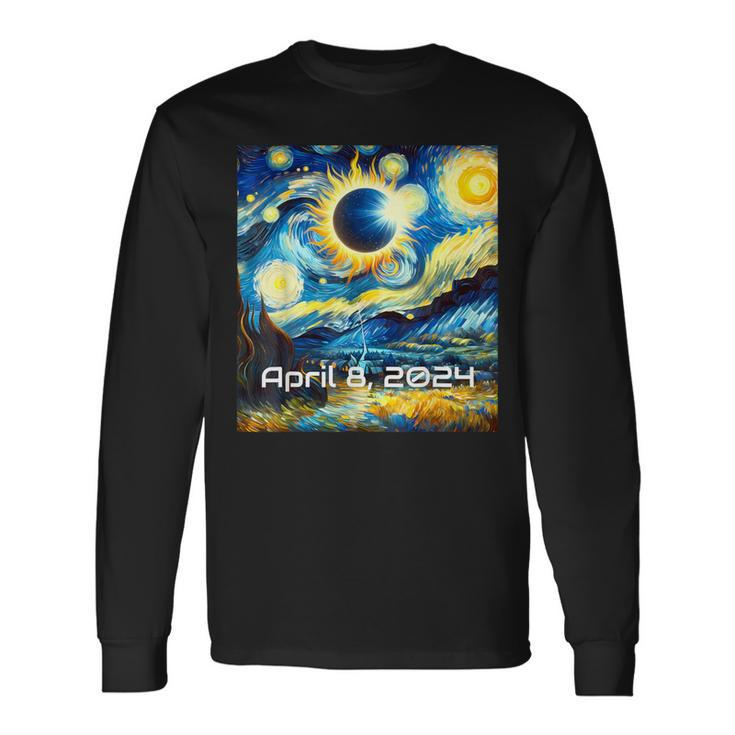 Total Solar Eclipse 2024 Starry Night Painting Van Gogh Long Sleeve T-Shirt