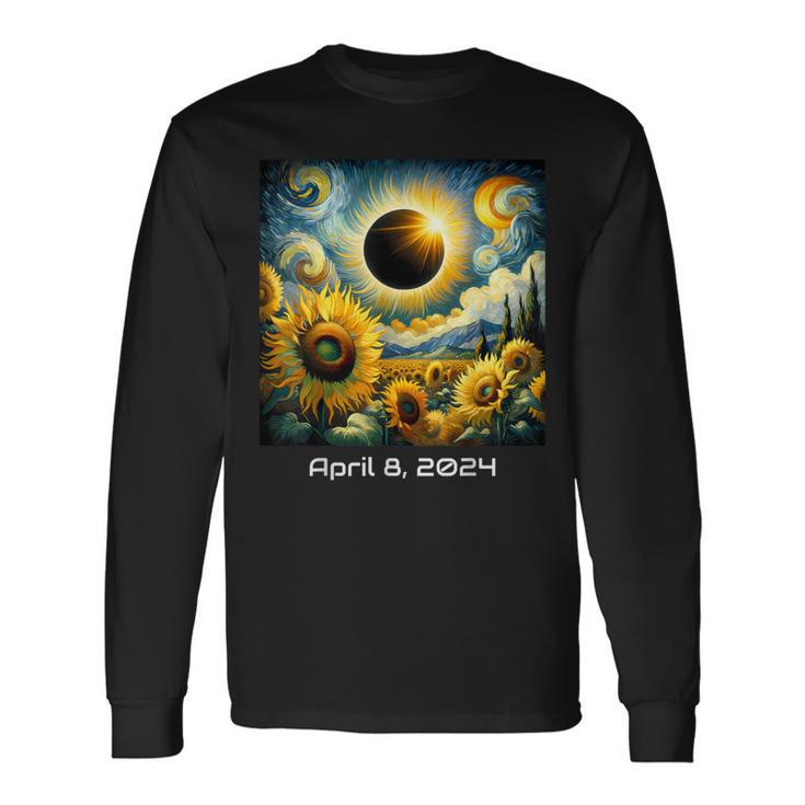 Total Solar Eclipse 2024 Sunflowers Painting Van Gogh Long Sleeve T-Shirt