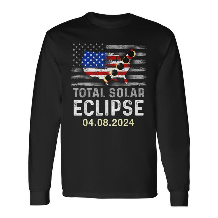 Total Solar Eclipse 2024 Eclipse Usa American Patriotic Flag Long Sleeve T-Shirt