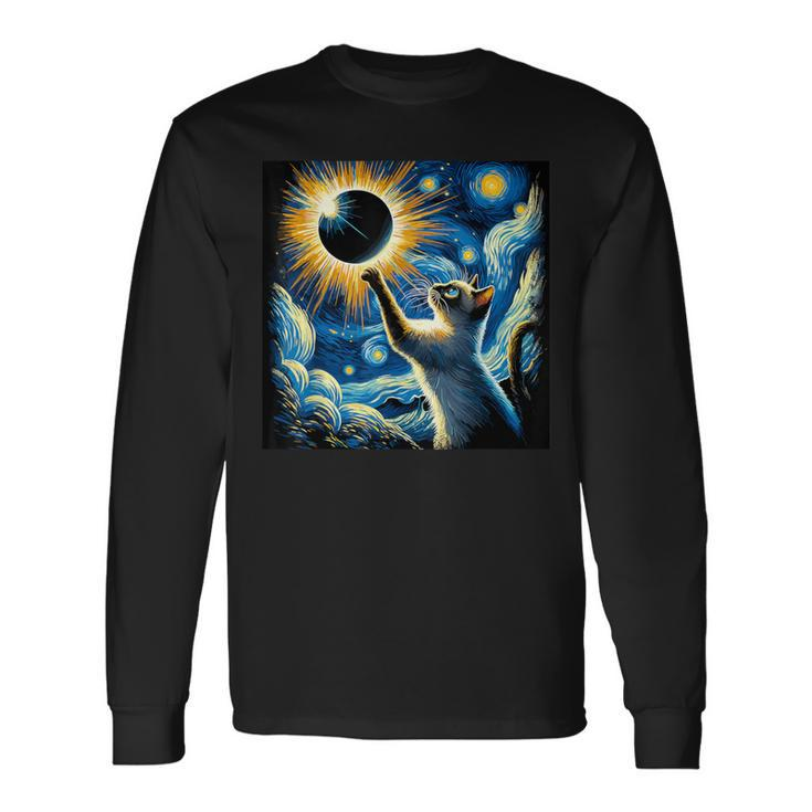Total Solar Eclipse 2024 Van Gogh Starry Night Siamese Cat Long Sleeve T-Shirt