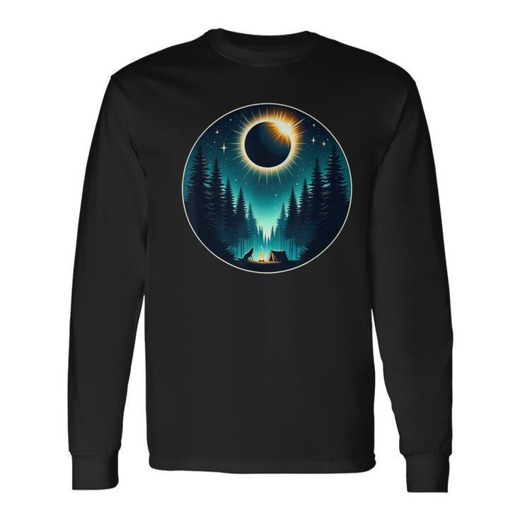 Total Solar Eclipse Apirl 08 2024 With Wolf Graphic Long Sleeve T-Shirt