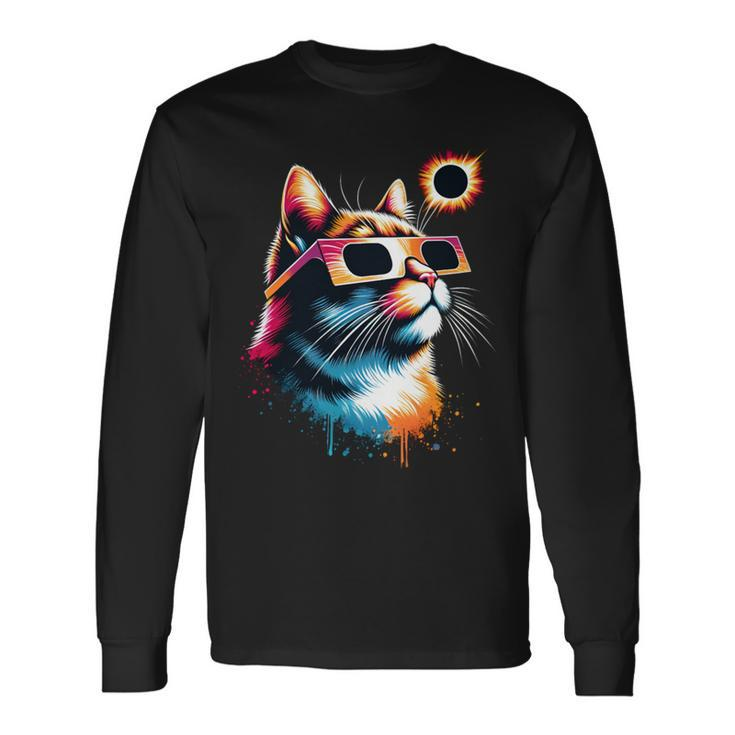 Total Solar Eclipse Cat 2024 Colorful With Eclipse Glasses Long Sleeve T-Shirt