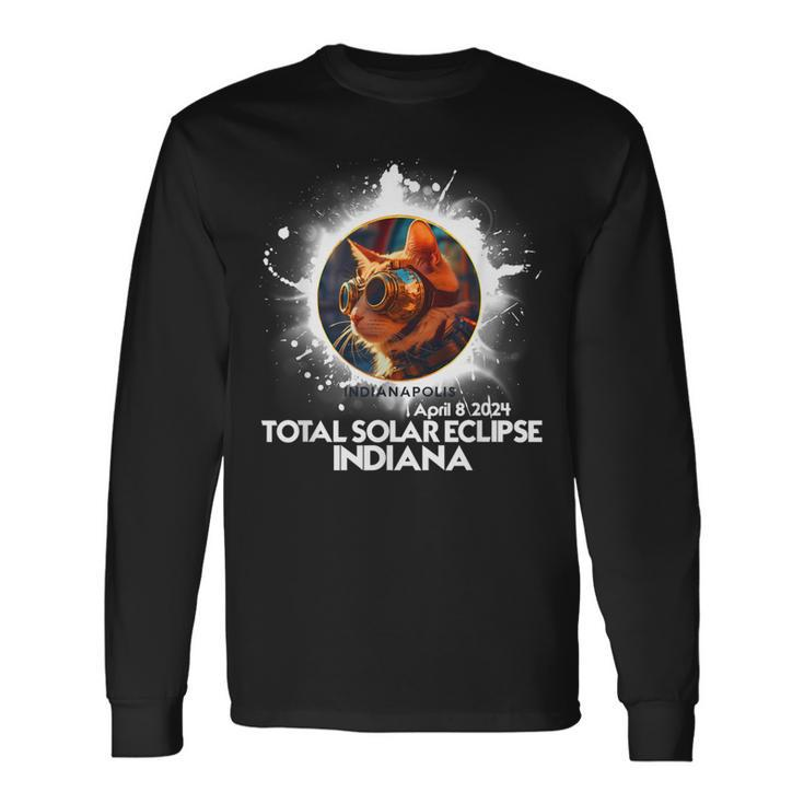 Total Solar Eclipse Indianapolis Indiana 2024 Astronomy Cat Long Sleeve T-Shirt