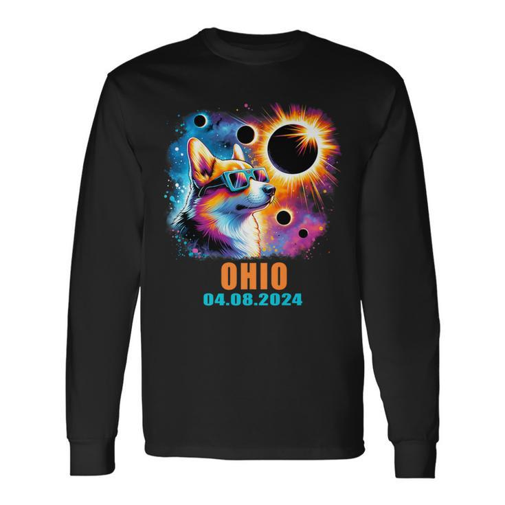 Totality Total Solar Eclipse 2024 Ohio Corgi Dog Long Sleeve T-Shirt