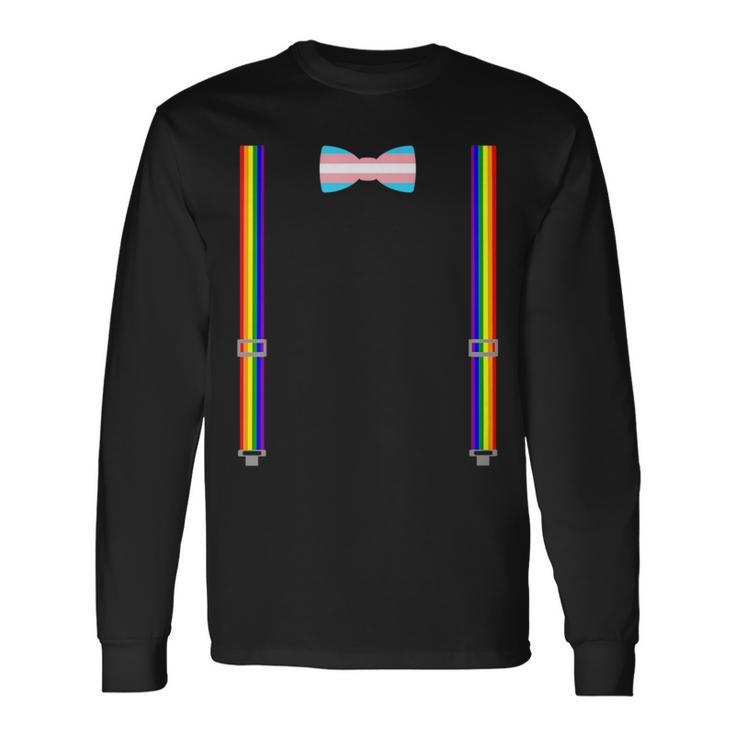 Trans Pride Transgender Equality Lgbt Flag Bow Tie Suspender Long Sleeve T-Shirt