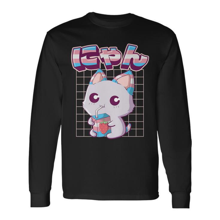 Transgender Pride Kawaii Cat Strawberry Milk Trans Flag Long Sleeve T-Shirt