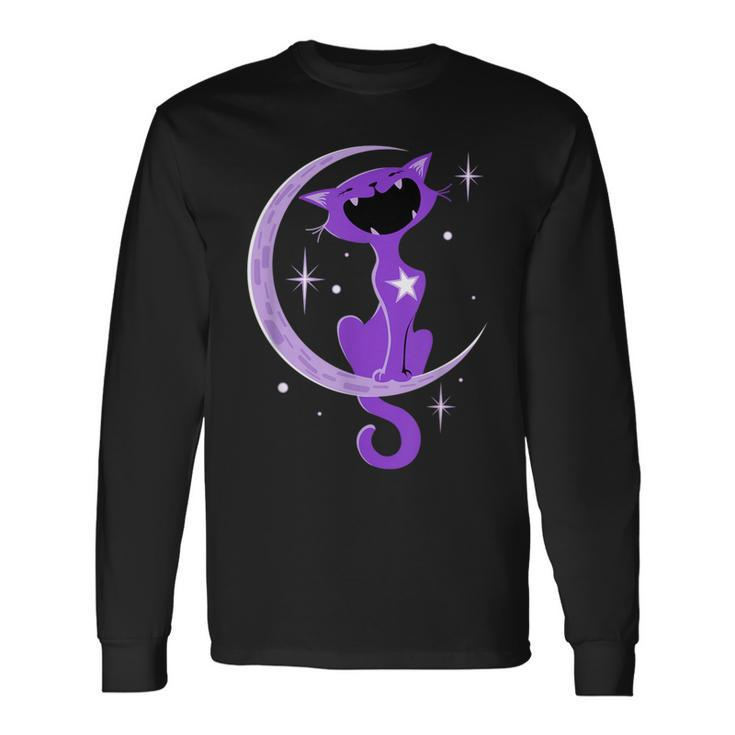 Trendy Purple Cat Crescent Moon Howl Long Sleeve T-Shirt