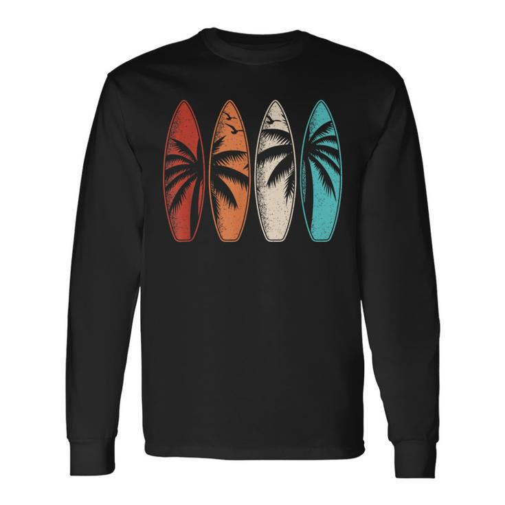 Tropical Hawaii Palm Tree Surfing Beach Surfboard Retro Surf Long Sleeve T-Shirt