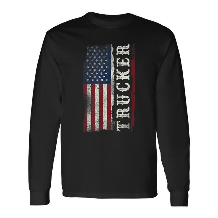 Trucker Truck Driver American Usa Flag Vintage Trucker Long Sleeve T-Shirt