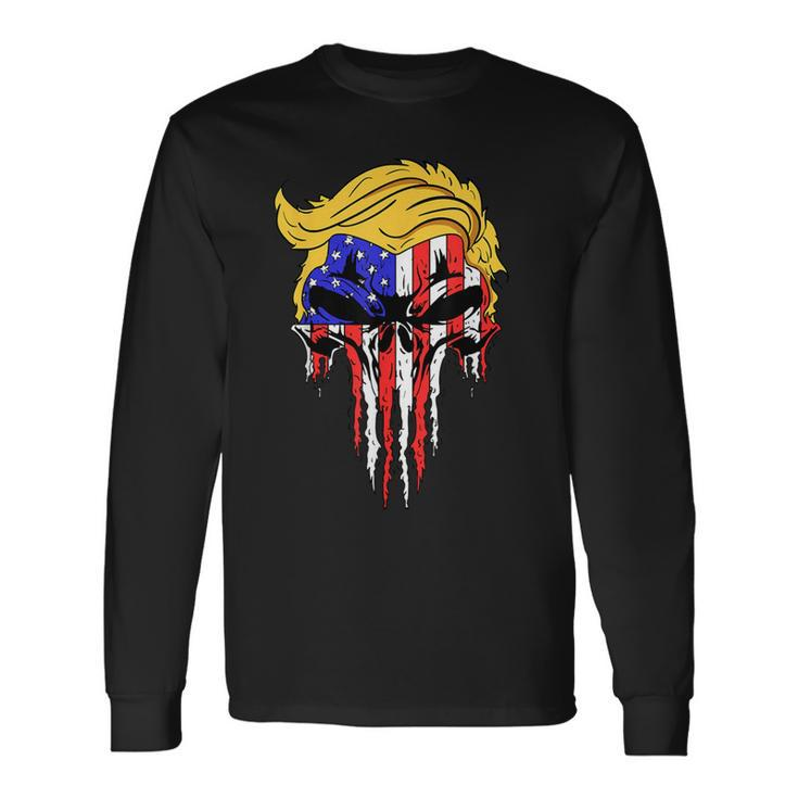 Trump Skull Usa Flag Hair  President Long Sleeve T-Shirt