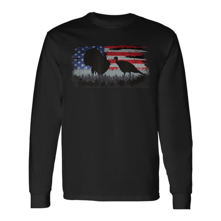 Turkey Hunter Fun Turkey Hunting Patriotic Usa Flag Long Sleeve T-Shirt