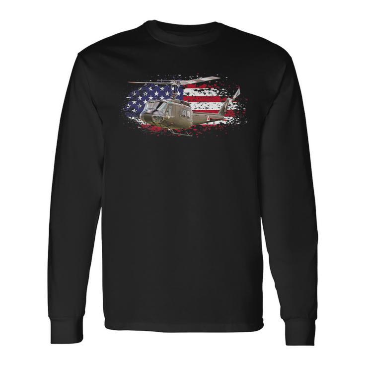 Uh1 Huey Helicopter American Flag Usa Pilot Vietnam Veteran Long Sleeve T-Shirt