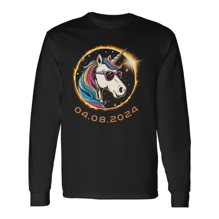 Unicorn With Sunglasses Total Solar Eclipse 2024 Long Sleeve T-Shirt