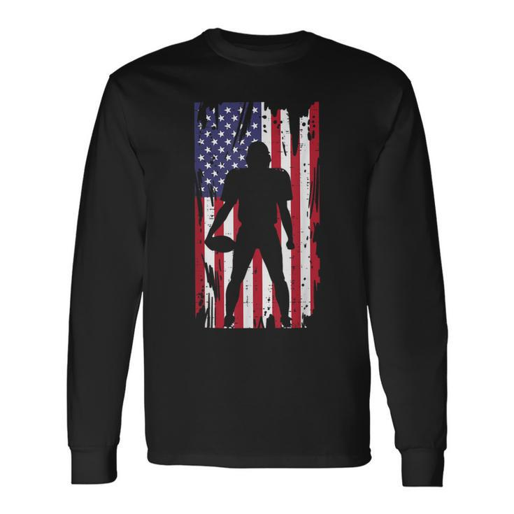 Us Flag American Football Player Silhouette Vintage Patriot Long Sleeve T-Shirt