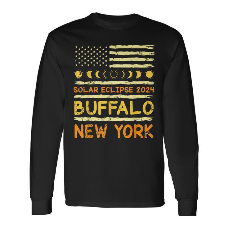 Us Flag American Total Solar Eclipse 2024 Buffalo New York Long Sleeve T-Shirt
