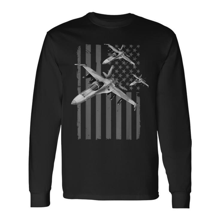 Us Jet Fighter Jet Squadron Pilot American Flag Graphic Long Sleeve T-Shirt