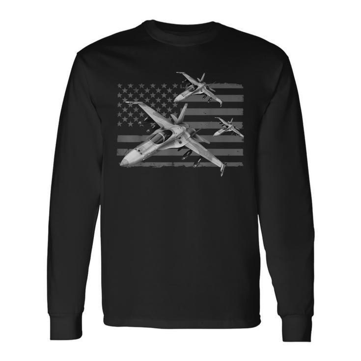 Us Jet Fighters Squadron American Flag Graphic Long Sleeve T-Shirt