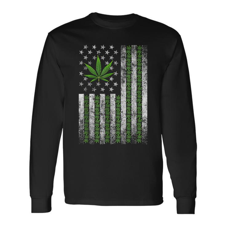 Usa Flag Marijuana Weed Leaf Flag Cannabis Stoner 420 Long Sleeve T-Shirt
