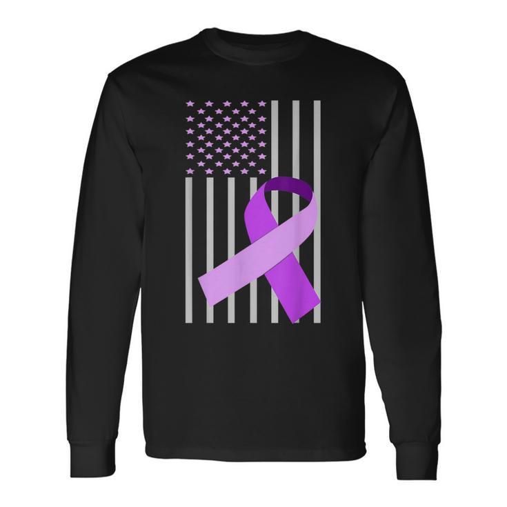 Usa Flag Purple Ribbon Alzheimer Awareness Family Long Sleeve T-Shirt