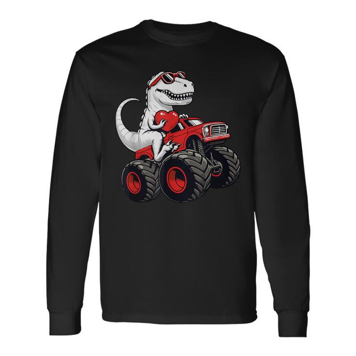 Valentines Day T Rex Riding Monster Truck Toddler Boys Long Sleeve T-Shirt