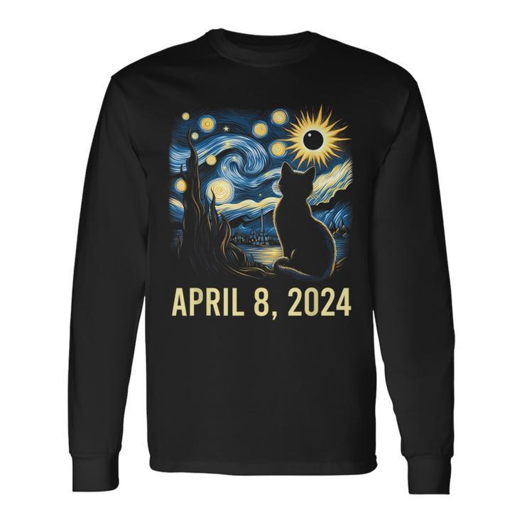 Van Gogh Starry Night Cat Total Solar Eclipse April 8 2024 Long Sleeve T-Shirt