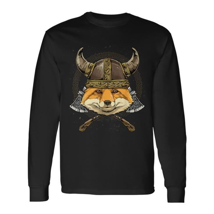 Viking Fox With Viking Helmet Mjolnir Axes Long Sleeve T-Shirt
