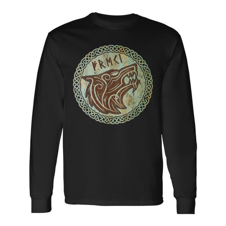 Viking Odin Wolf Fenrir Freki Norse God Myth Celtic Vintage Long Sleeve T-Shirt