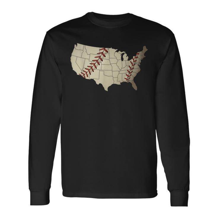 Vintage America Baseball Team Us Country Ball Map Merica Fan Long Sleeve T-Shirt