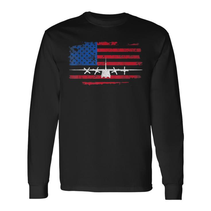 Vintage American Flag C-130 Military Plane Pilot Long Sleeve T-Shirt