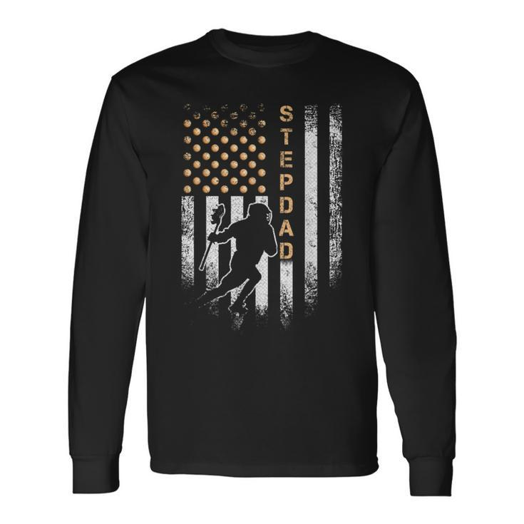 Vintage American Flag Proud Lacrosse Stepdad Lax Silhouette Long Sleeve T-Shirt