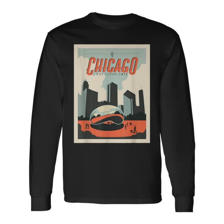 Vintage Chicago Cloud Gate Retro Poster Chicago Landscape Long Sleeve T-Shirt