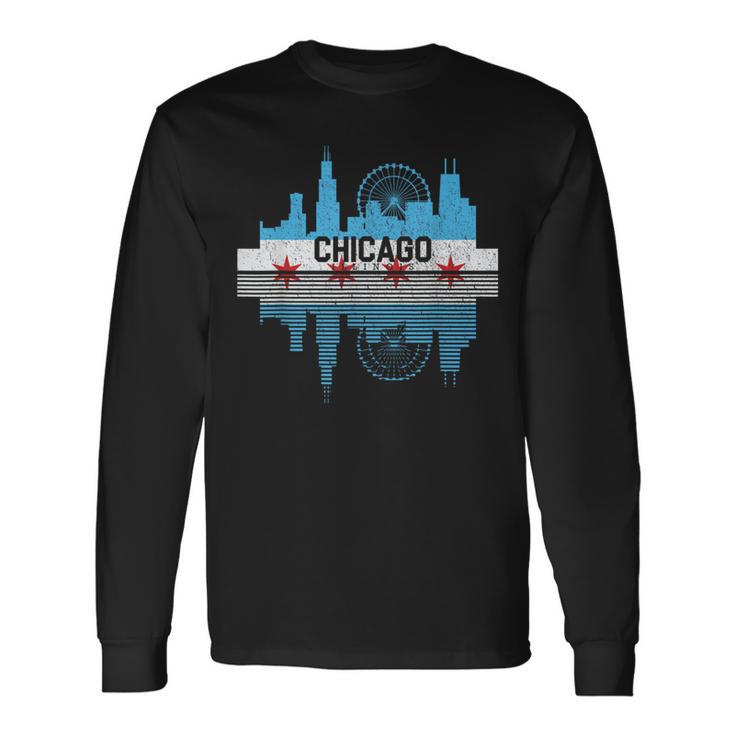 Vintage Chicago Illinois Flag Skyline Women Long Sleeve T-Shirt