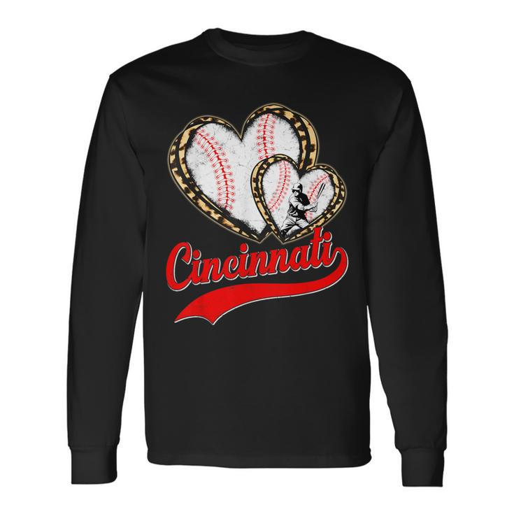 Vintage Cincinnati Baseball Leopard Heart Baseball Fans Long Sleeve T-Shirt