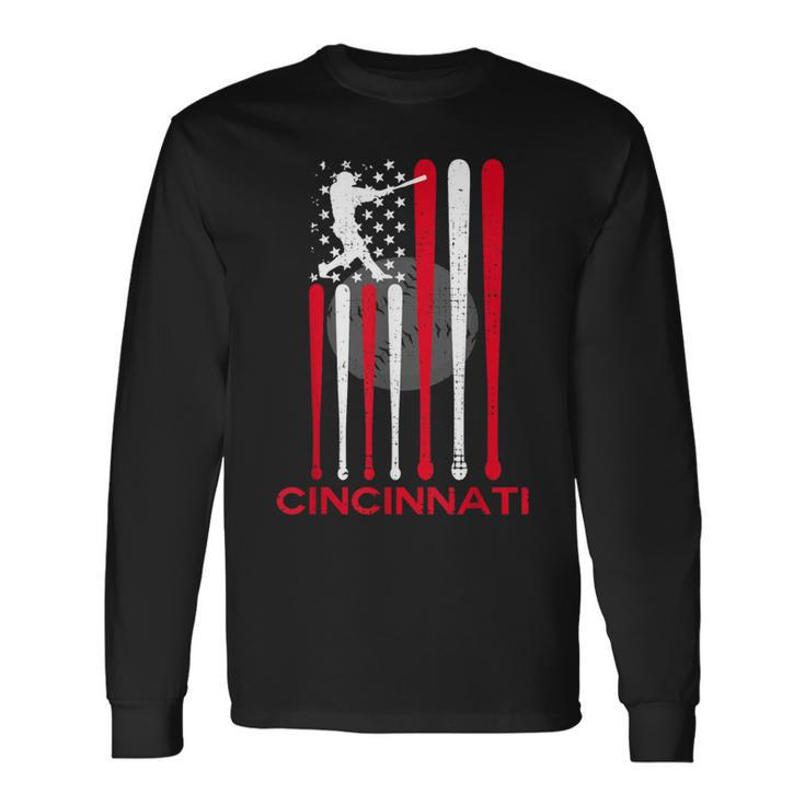 Vintage Cincinnati Baseball Soul American Us Flag Long Sleeve T-Shirt