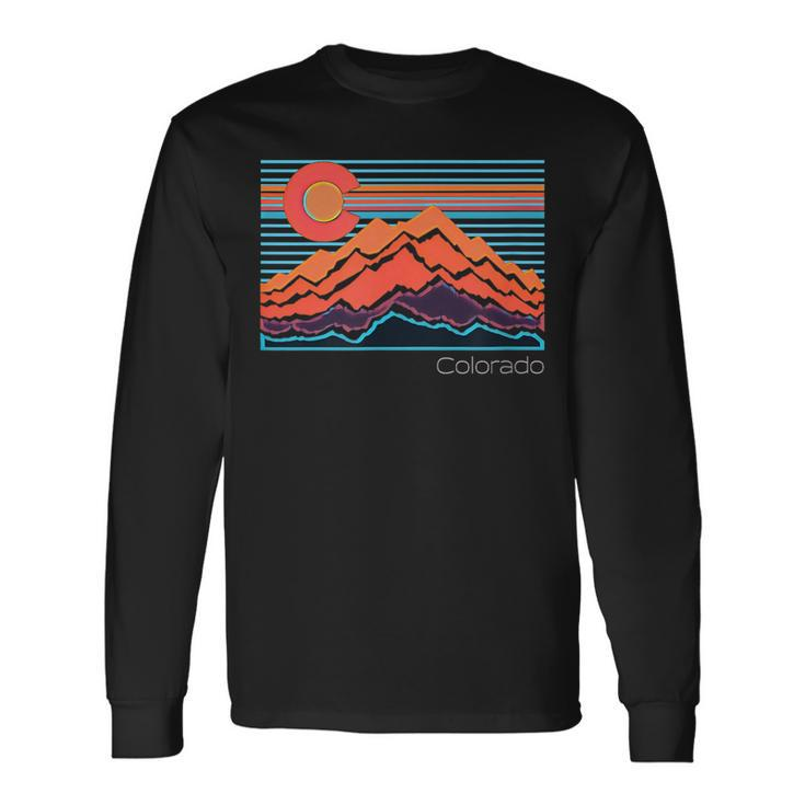 Vintage Colorado Mountain Landscape And Flag Graphic Long Sleeve T-Shirt