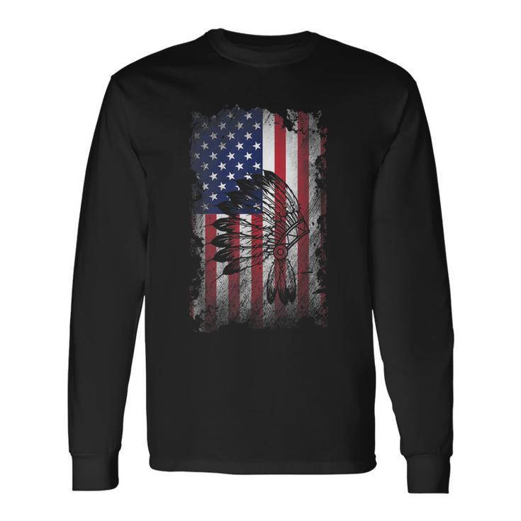 Vintage Distressed Skull Native Indian Feather American Flag Long Sleeve T-Shirt