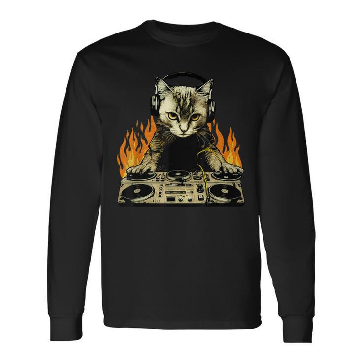 Vintage Dj Cat House Music Cat Music Lover Long Sleeve T-Shirt