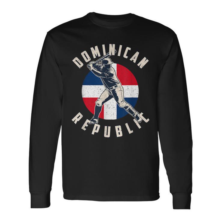 Vintage Dominican Baseball Batter Dominican Republic Flag Long Sleeve T-Shirt