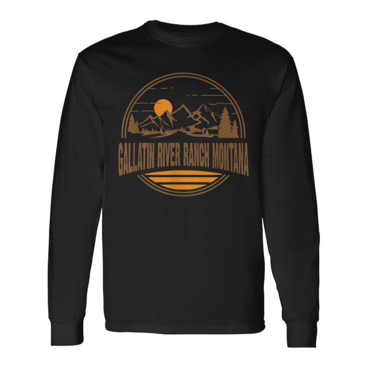 Vintage Gallatin River Ranch Montana Mountain Hiking Print Long Sleeve T-Shirt