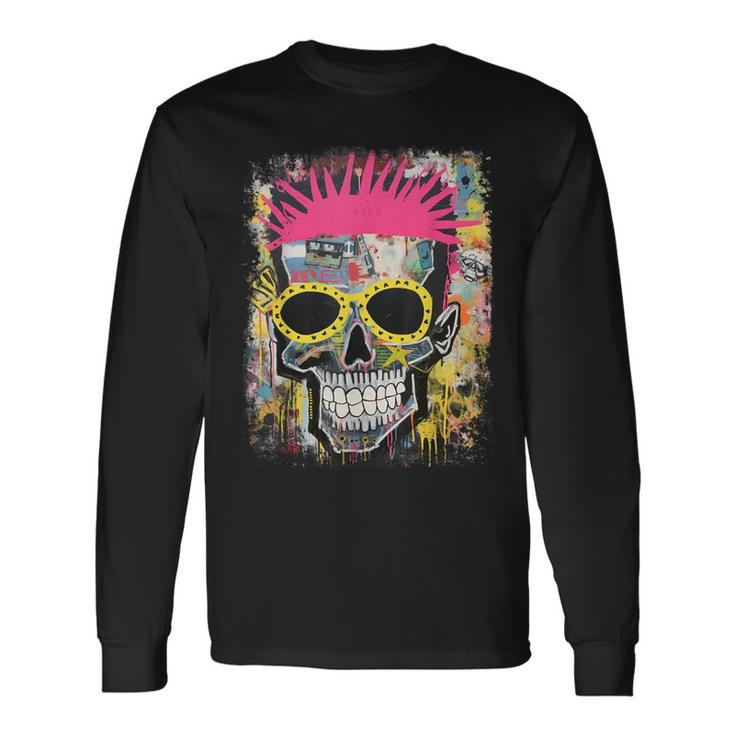 Vintage Graffiti Biker Rocker Skeleton Punk Horror Skull Long Sleeve T-Shirt