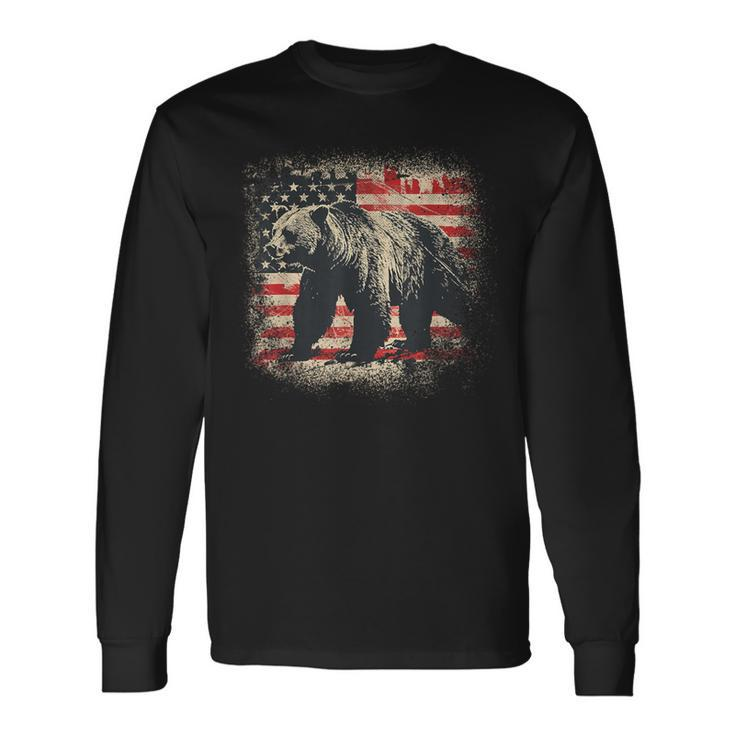 Vintage Grizzly Bear Distressed Patriotic American Flag Long Sleeve T-Shirt