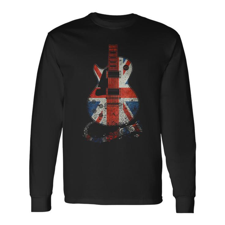 Vintage Guitar British Jack Union Flag Rock Guitarist Long Sleeve T-Shirt