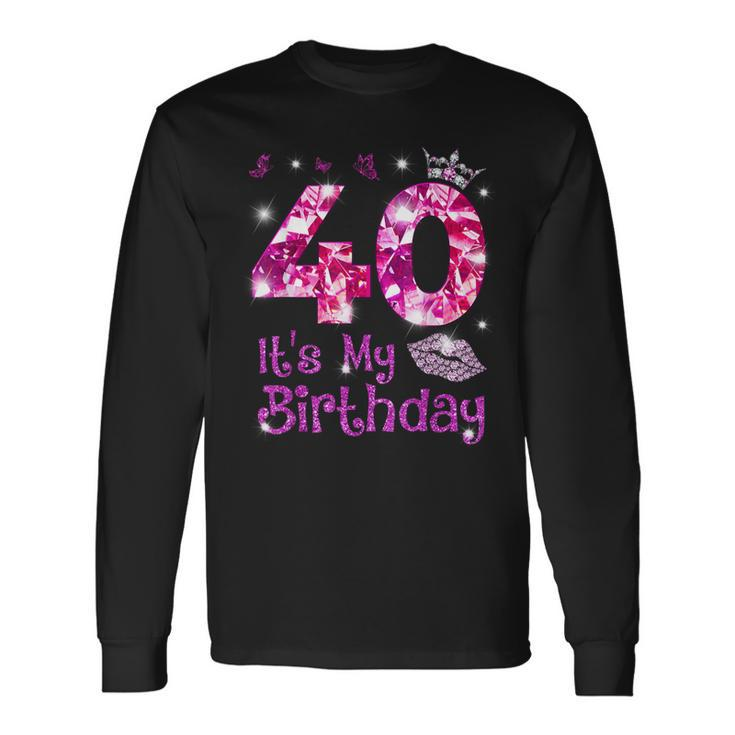 Vintage Happy 40 It's My Birthday Crown Lips 40Th Birthday Long Sleeve T-Shirt