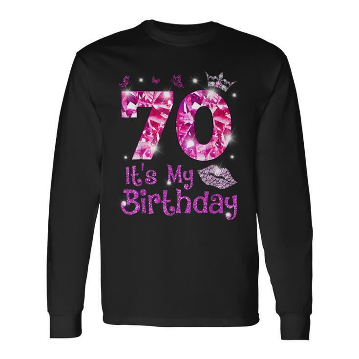 Vintage Happy 70 It's My Birthday Crown Lips 70Th Birthday Long Sleeve T-Shirt