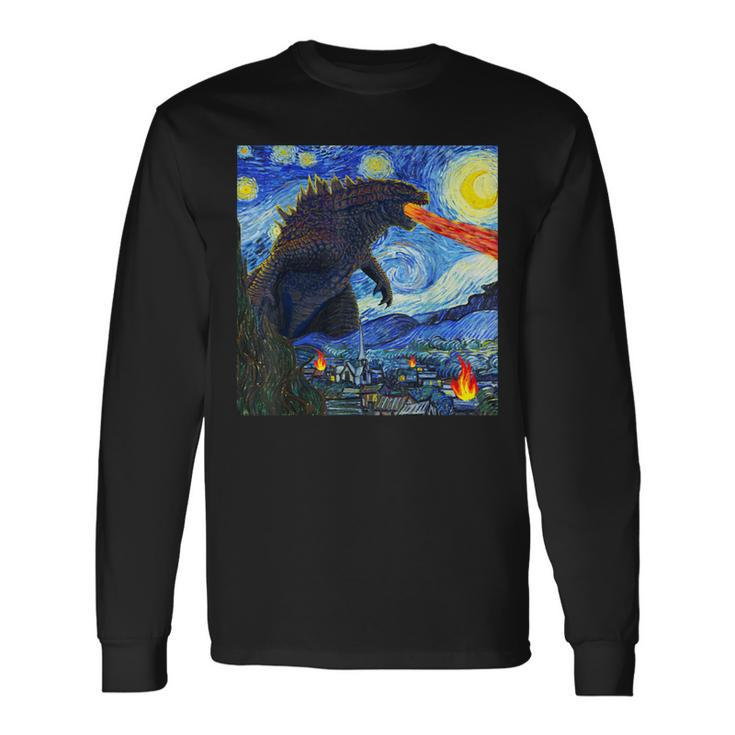 Vintage Japanese Monster Kaiju In Van Gogh Starry Night Long Sleeve T-Shirt