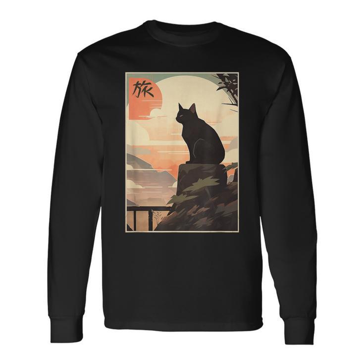 Vintage Japanese Scenery Kanji Writing Journey Black Cat Long Sleeve T-Shirt