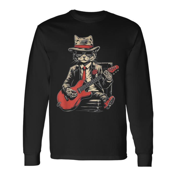 Vintage Jazz Cat Playing Guitar Band Retro Jazz Band Long Sleeve T-Shirt