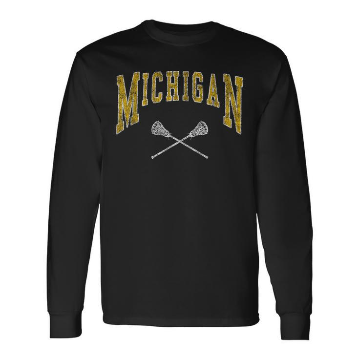 Vintage Michigan Lacrosse Distressed Lax Player Michigan Fan Long Sleeve T-Shirt