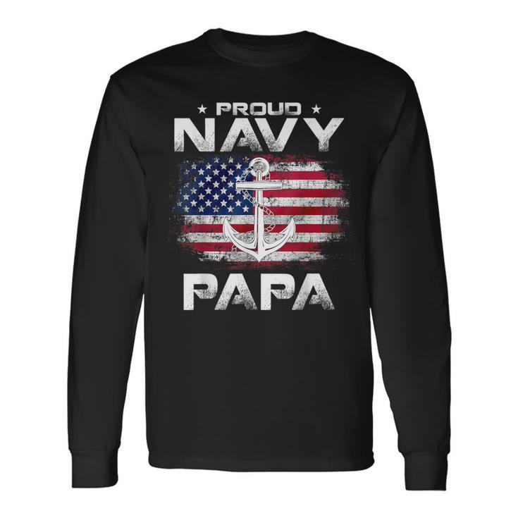 Vintage Proud Navy Papa With American Flag Veteran Long Sleeve T-Shirt